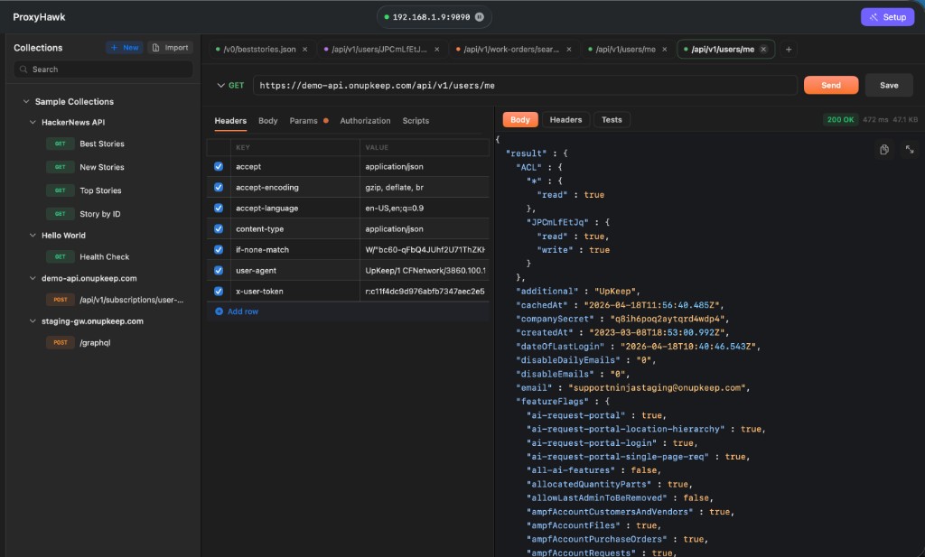 ProxyHawk API Client: collections sidebar, request tab, GET with URL bar, Headers editor, Send button, and JSON response with status 200.