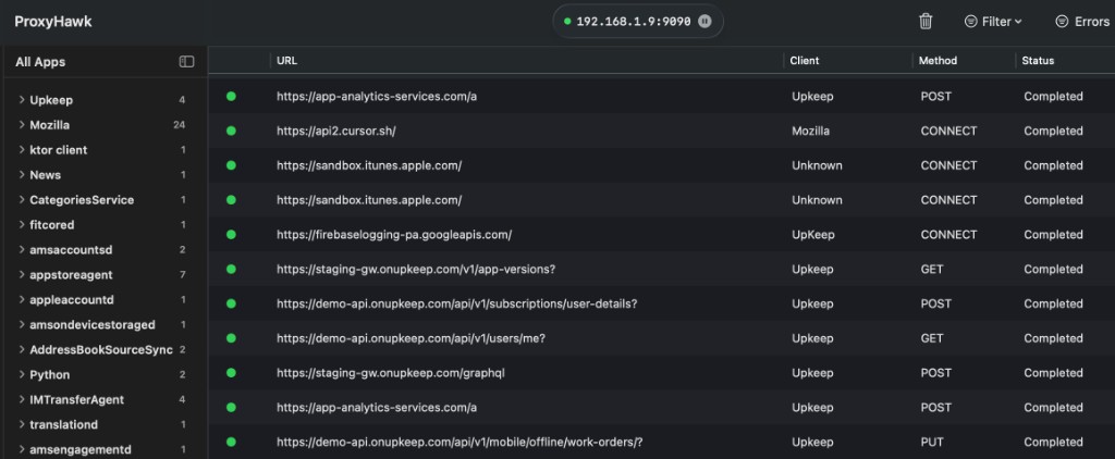 ProxyHawk showing live HTTPS traffic: proxy address and status, app list, and request table with URLs, methods, and completion status.